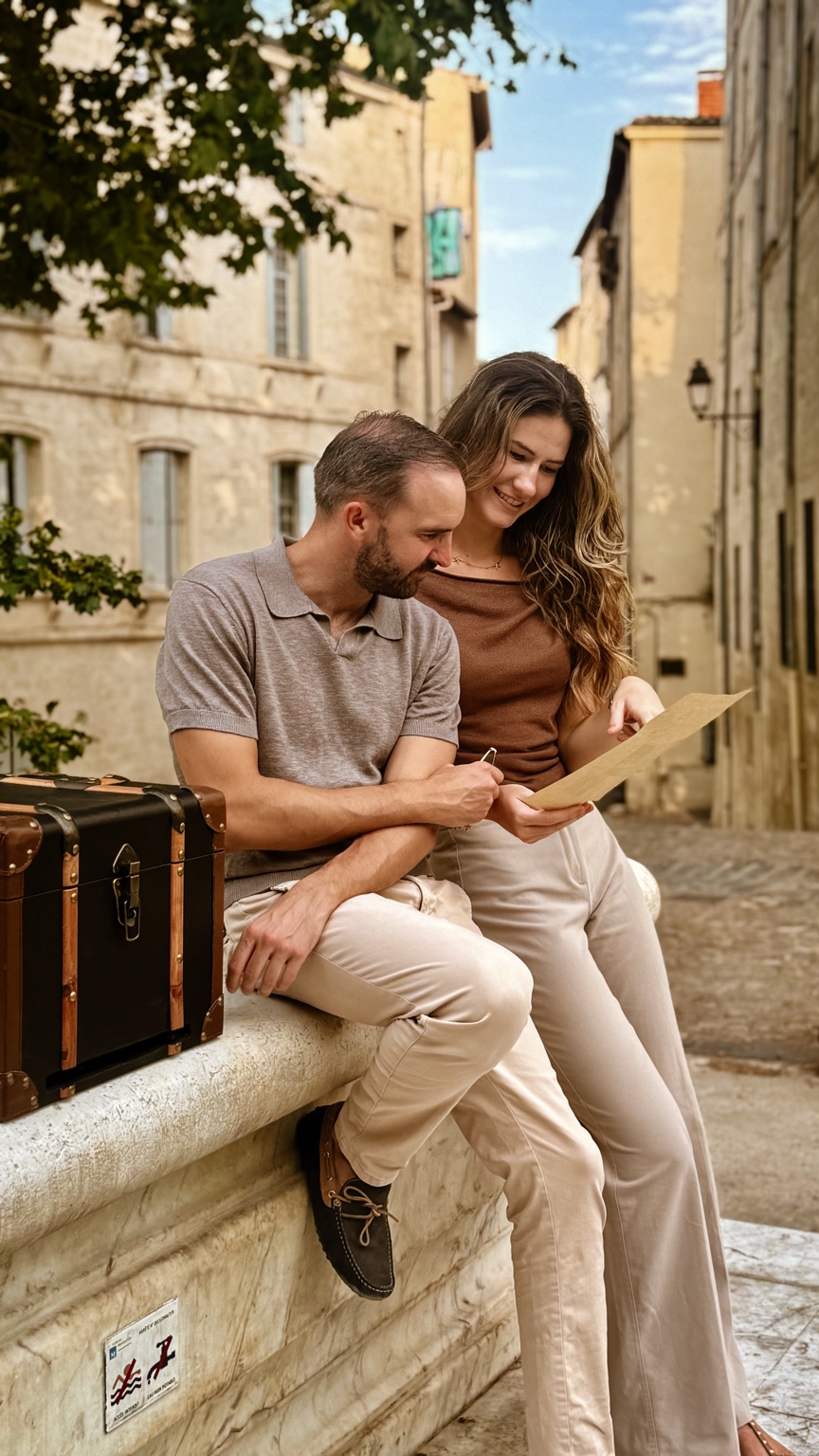Un couple découvre son journal personnalisé aux côtés de la malle Timeless